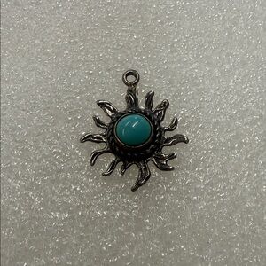Sterling Silver Sun Pendant or Charm with Turquoise Color Stone Cabochon Center